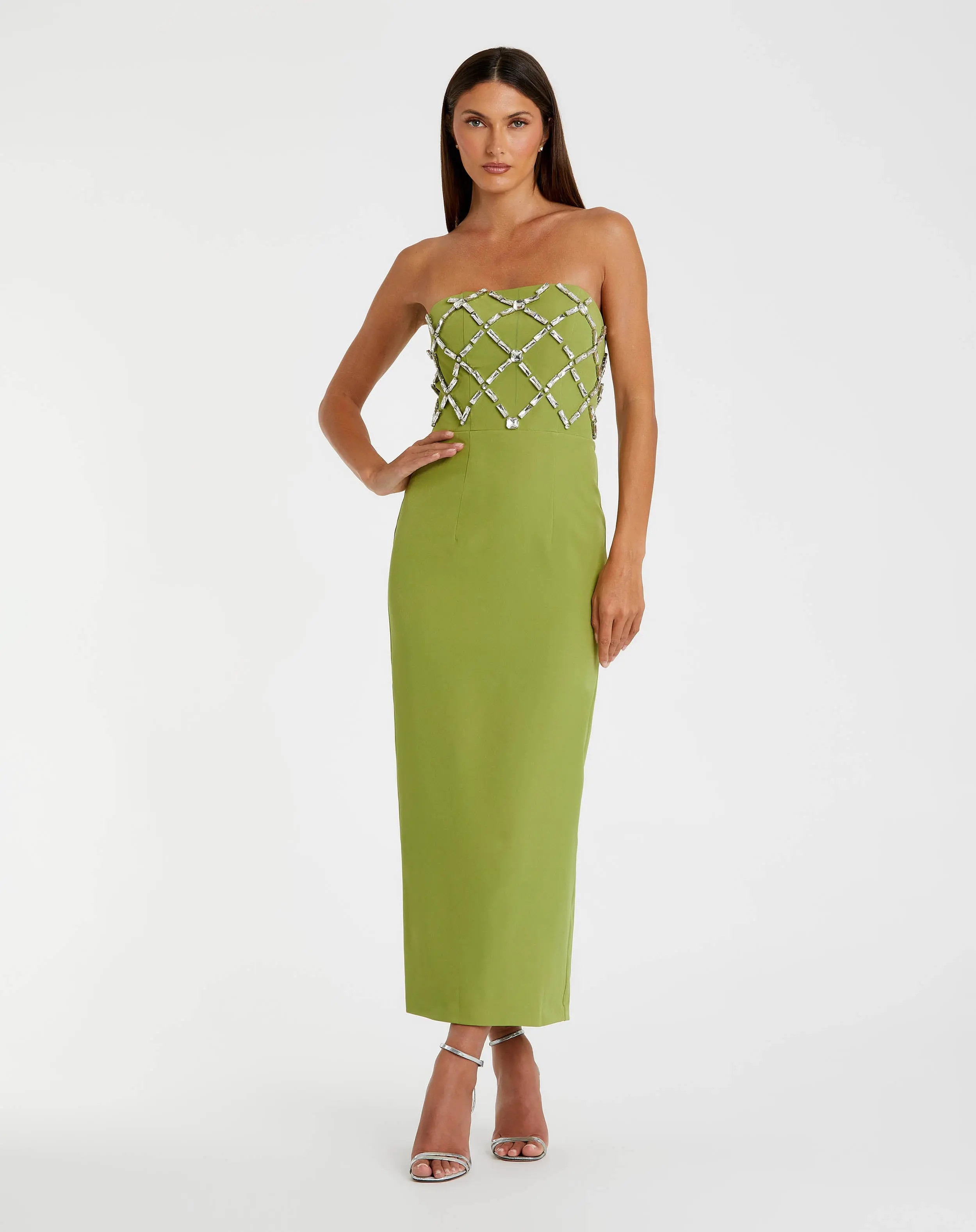 Green Strapless Crystal Embellished Midi Dress | Mac Duggal | Mac Duggal
