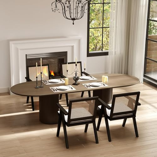 Hyfirm Rattan Dining Chairs Set of 4, Farmhouse Wicker Dining Chairs with Removable Linen Cushion Accent Cane Armchair for Dining Room Kitchen Restaurant, Black | Amazon (US)