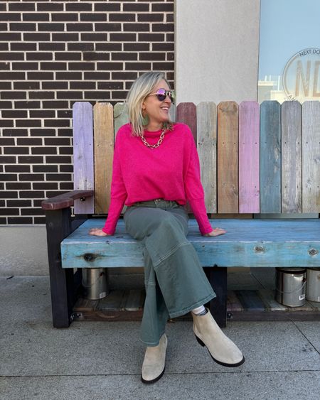 Not sure what to pair with olive green? Try bright pink! The colors are complementary and balance each other out.
✨use code DOUSED10 for 10% off at Gibsonlook.

#falloutfits #pinksweater #widelegjeans

#LTKstyletip #LTKfindsunder100 #LTKSeasonal