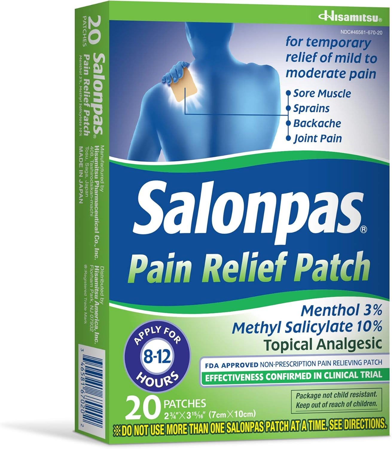 Salonpas Pain Relieving Menthol and Methyl Salicylate Patch, 20 Count, for Back, Neck, Shoulder, ... | Amazon (US)