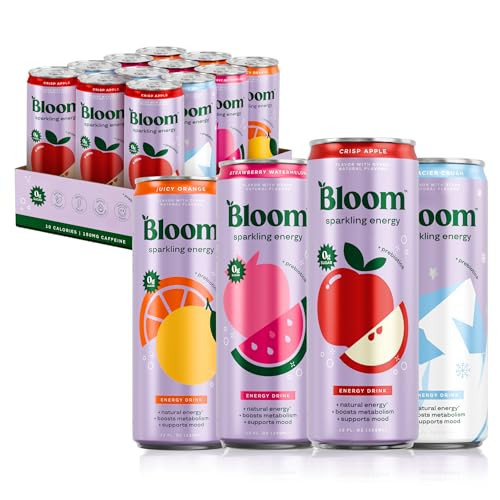 Bloom Nutrition Sparkling Energy Drink - Apple Crisp / Glacier Crush Variety Pack - Natural Caffeine, Zero Sugar, 180mg Caffeine - Antioxidant-Rich with Green Coffee Bean, Green Tea Extract, Prebiotics - 12oz 12 Pack | Amazon (US)