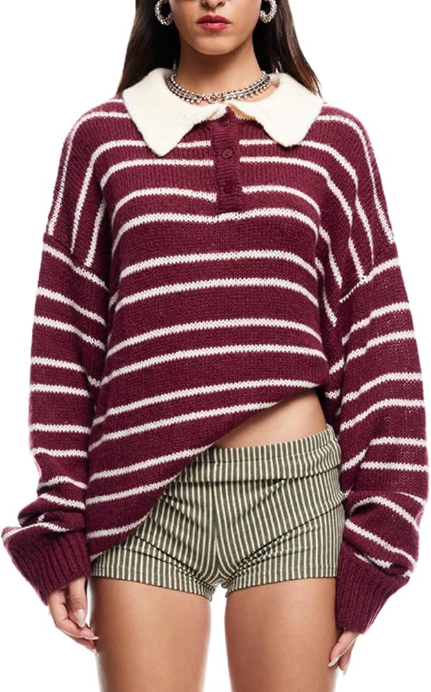 Women Polo Collar Striped Long Sleeve Sweater Y2k Long Sleeve Vintage Stripped Knit Oversized Swe... | Amazon (US)