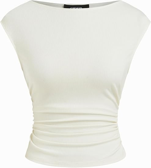 CIDER Boat Neck Tops for Women Sleeveless Ruched Crop Tank Tops Slim Fit Trendy Summer Outfits Ca... | Amazon (US)