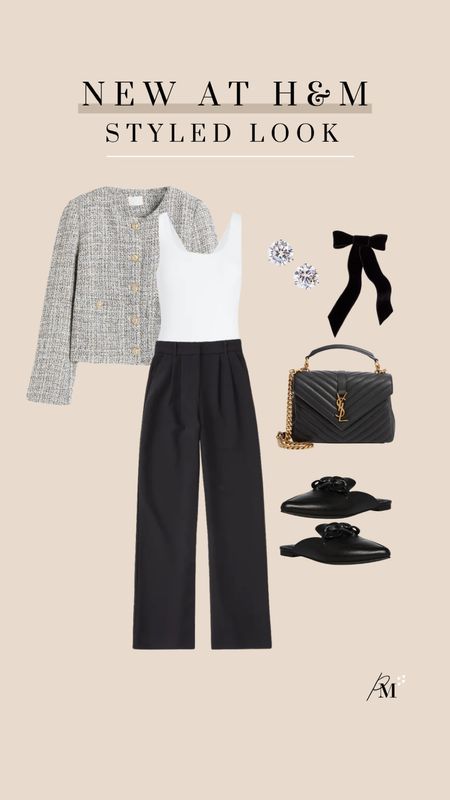 styled workwear outfit 

new h&m boucle jacket
express white bodysuit 
abercrombie wide leg trouser
black velvet bow
ysl handbag
black leather mule 

#LTKstyletip #LTKFind #LTKworkwear