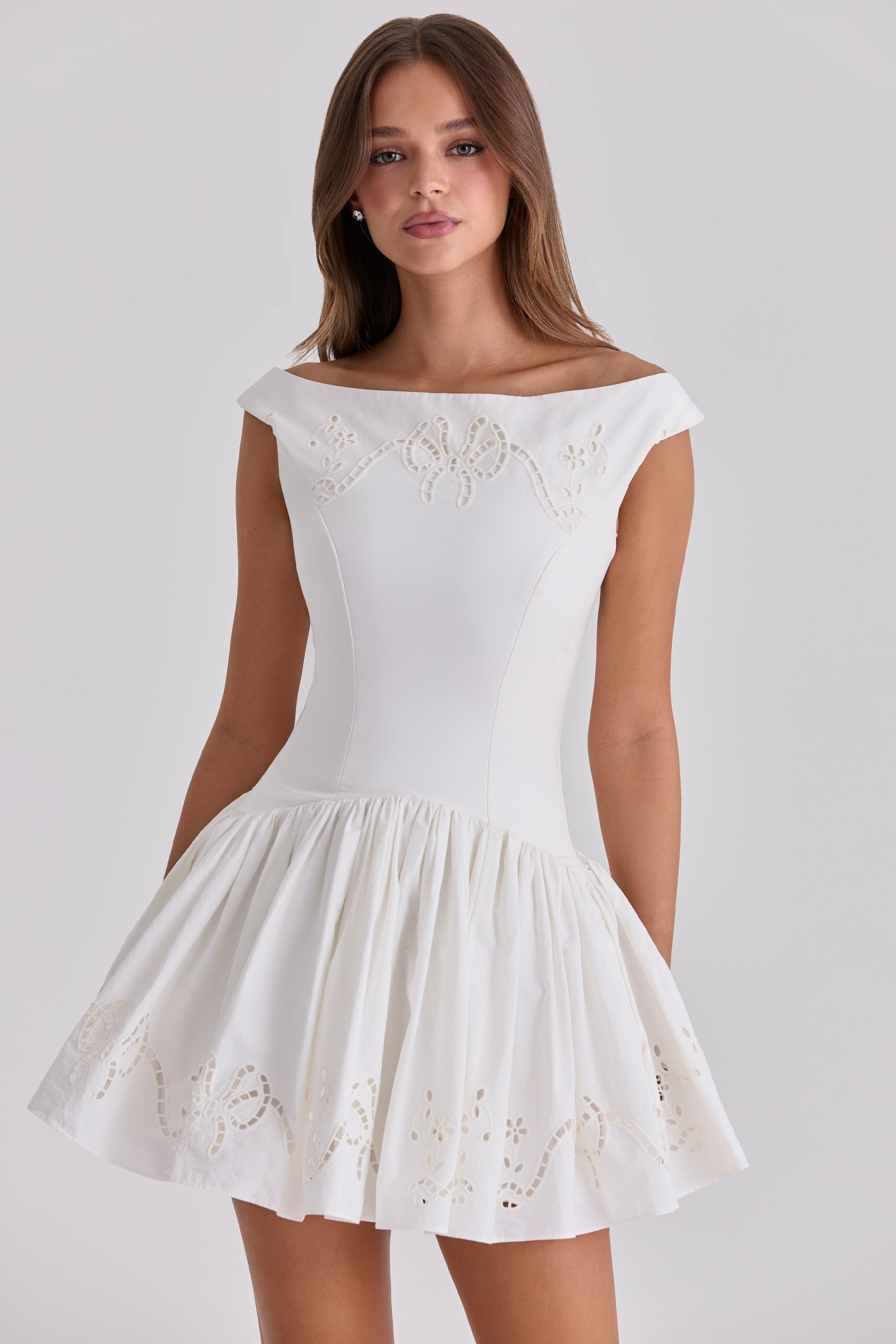 white cotton broderie anglaise boat neck mini dress | House of CB
