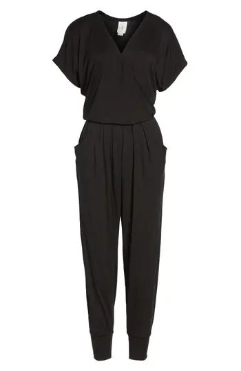 Petite Women's Loveappella Short Sleeve Wrap Top Jumpsuit, Size X-Large P - Black | Nordstrom