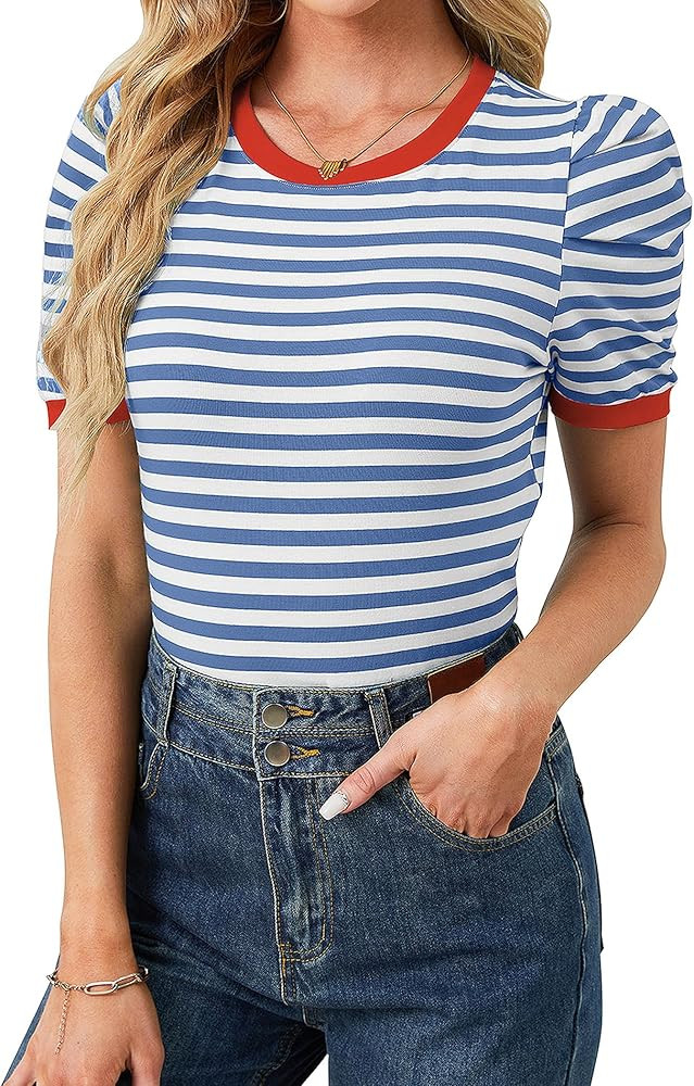 Striped Shirt Women Short Puff Sleeve Tops for Women Casual Slim Fit Color Block Cute Summer Tops... | Amazon (US)