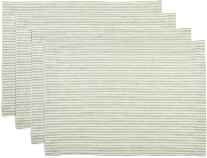 Solino Home 100% Pure Linen Placemats Set of 4 - Narrow Stripe Sage and White Cloth Placemats 14x... | Amazon (US)