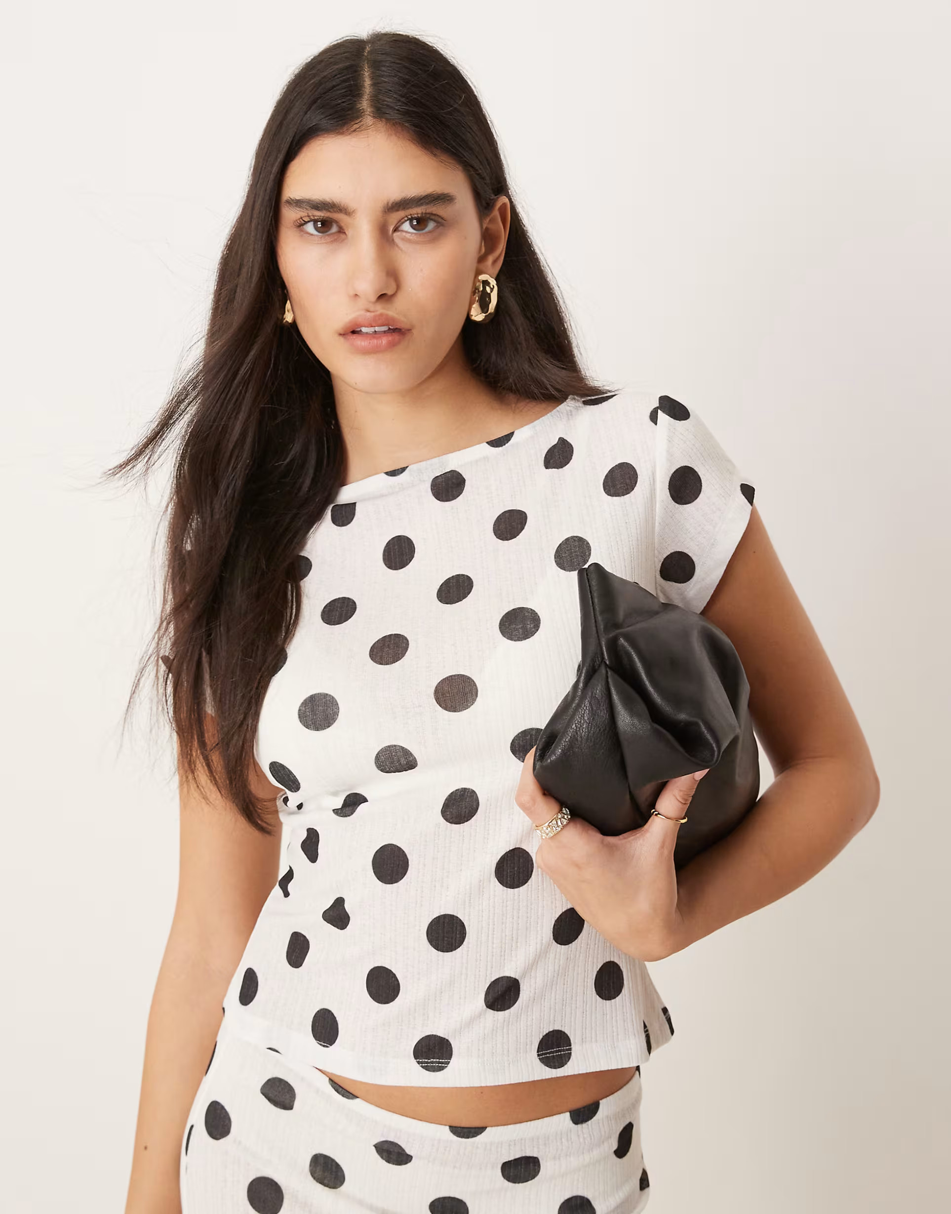 ASOS DESIGN polka dot dry handle rib slash neck top in white | ASOS (Global)