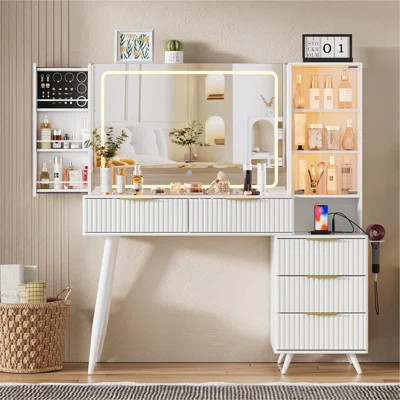 Vanity Desk With With Mirror And Lights, Makeup Vanity Table With Glass Top ,Dressing Table With Drawers, Bedroom Makeup Table For Women | Wayfair North America