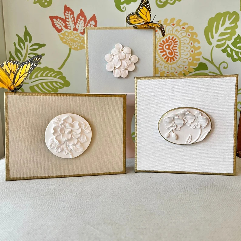 Botanical Intaglio Art on 5X7 or 6X6 Canvas, Plaster Medallions of Magnolia Hydrangea Orchid Lotu... | Etsy (US)