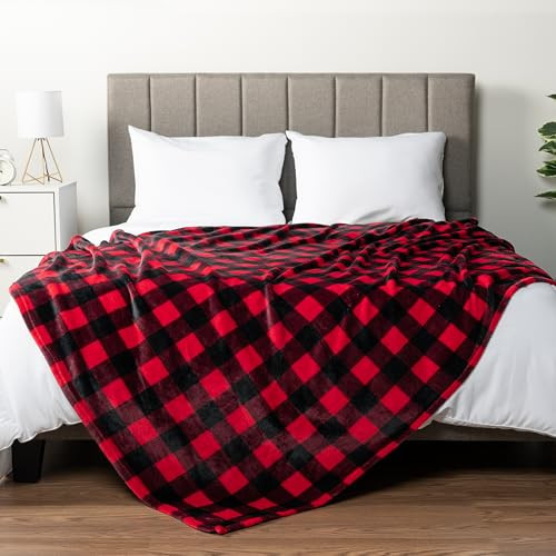 PAVILIA Black and Red Buffalo Plaid Fleece Bed Blanket King Size, Soft Checkered Flannel Blanket for Sofa, Plaid Christmas Couch Throw Bed, Warm Cozy Decorative Blanket Fall Decor Gift, 90x90 | Amazon (US)