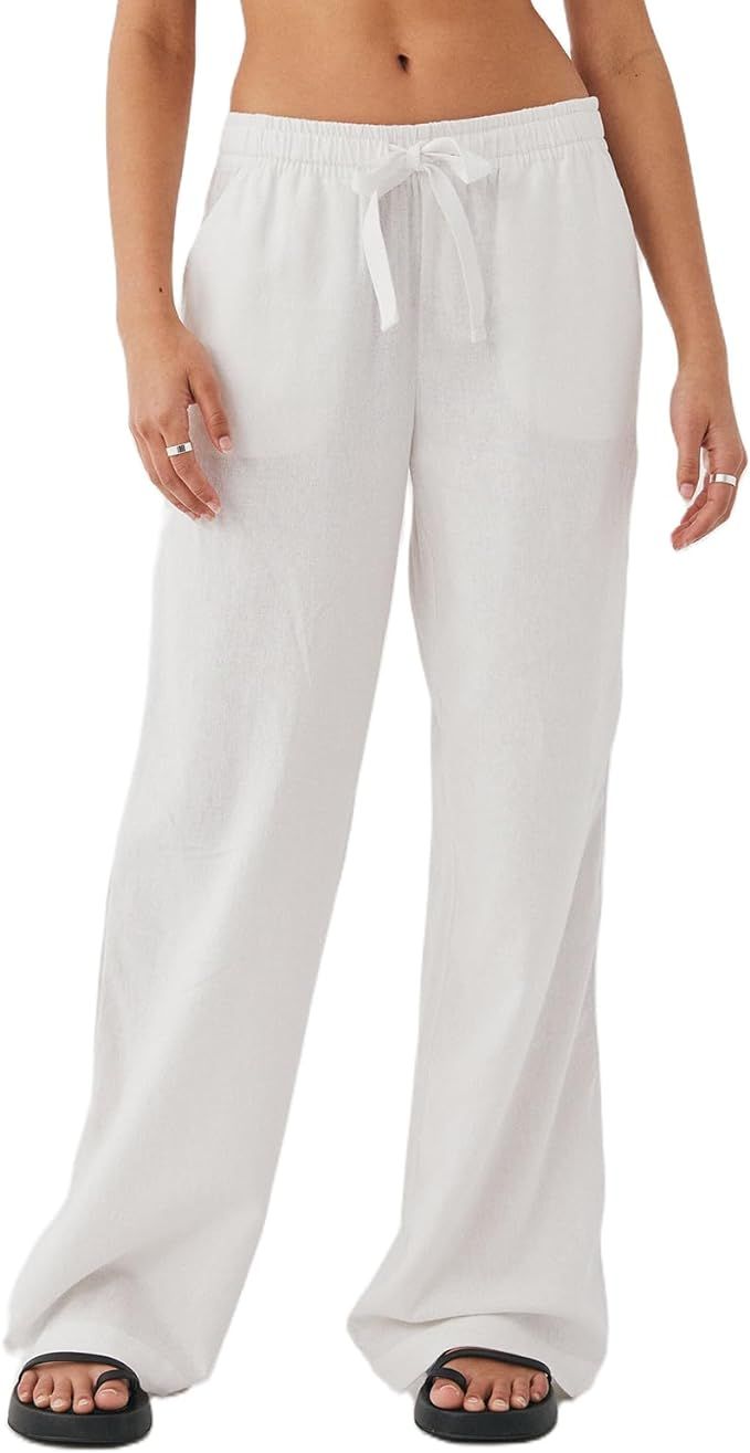 Wide Leg Pants for Women Elastic Waist Drawstring Palazzo Linen Pants Causal Summer Beach Pants w... | Amazon (US)