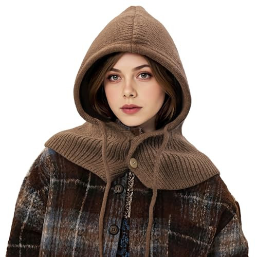 Balaclava Hat for Women, Warm Ear Neck Hooded Scarf Hat with Drawstring, Fashionable Knit Beanie Skull Cap in Cold Weather Outdoors, Coffee | Amazon (US)