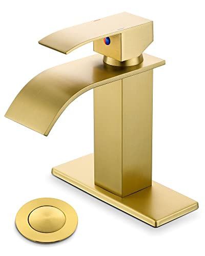 YardMonet Gold Bathroom Faucet, Modern Single Hole Waterfall Spout Sink Faucet, Brushed Gold With Drain Assembly and Hose | Amazon (US)