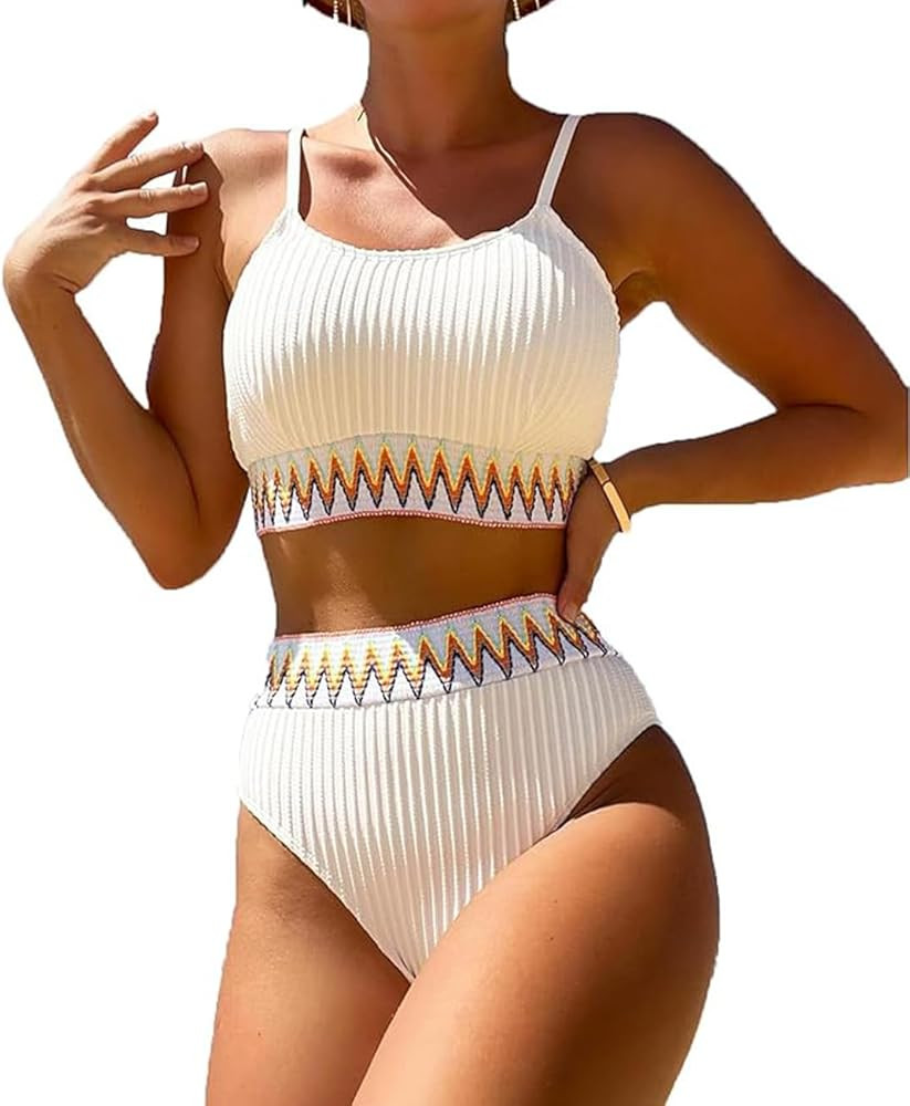 YELAIVP Women's Ribbed High Waisted Bikini Sets High Cut Tummy Control Swimsuit Bathing Suit | Amazon (US)
