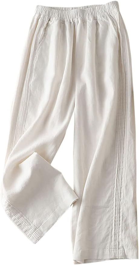 IXIMO Women's Linen Pants Elastic Pleated Wide Leg Straight Fit Palazzo Pants | Amazon (US)