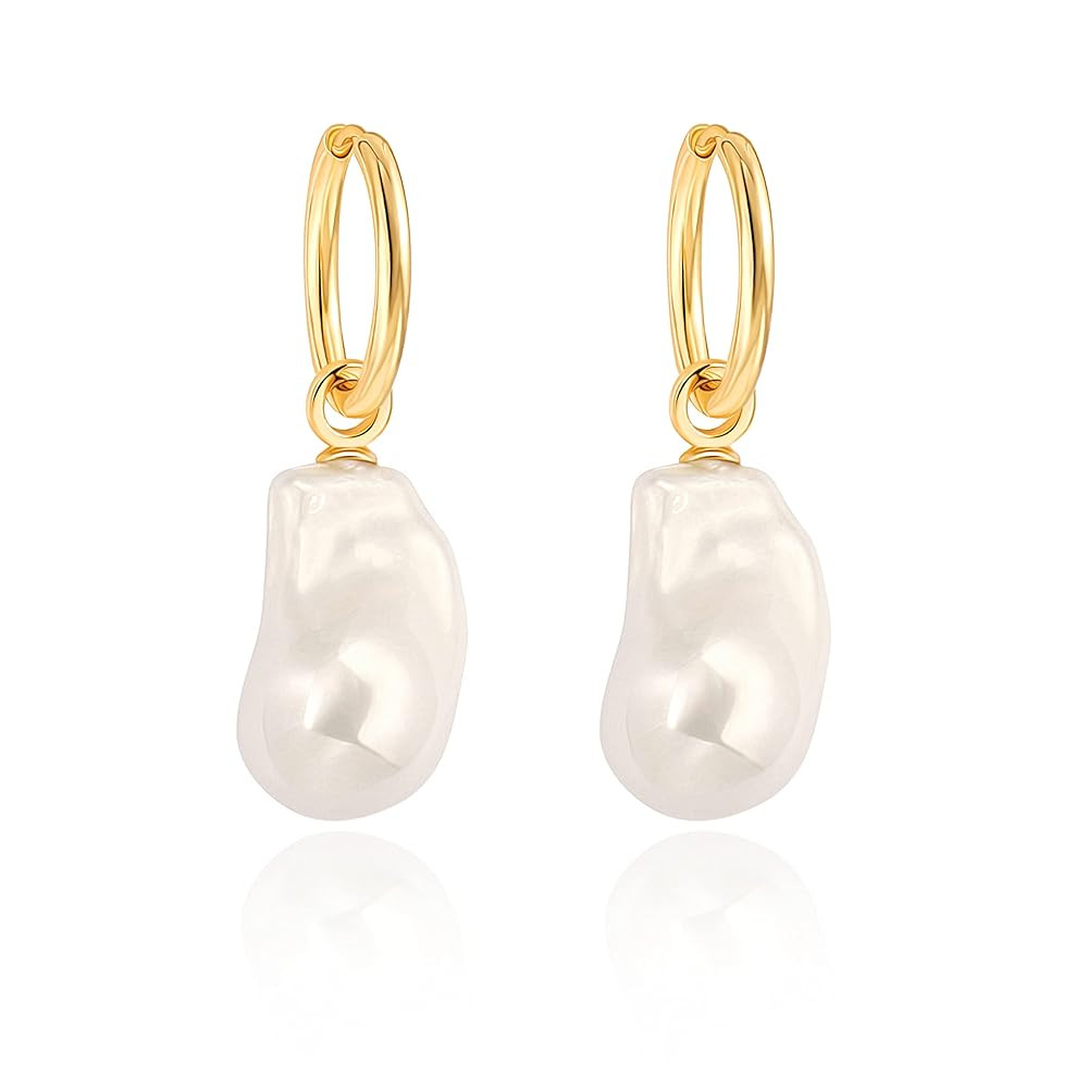 18K Gold Plated Leverback Hoop Handpicked White Shell Pearl Drop Dangle Earring for Women Minimal... | Amazon (US)
