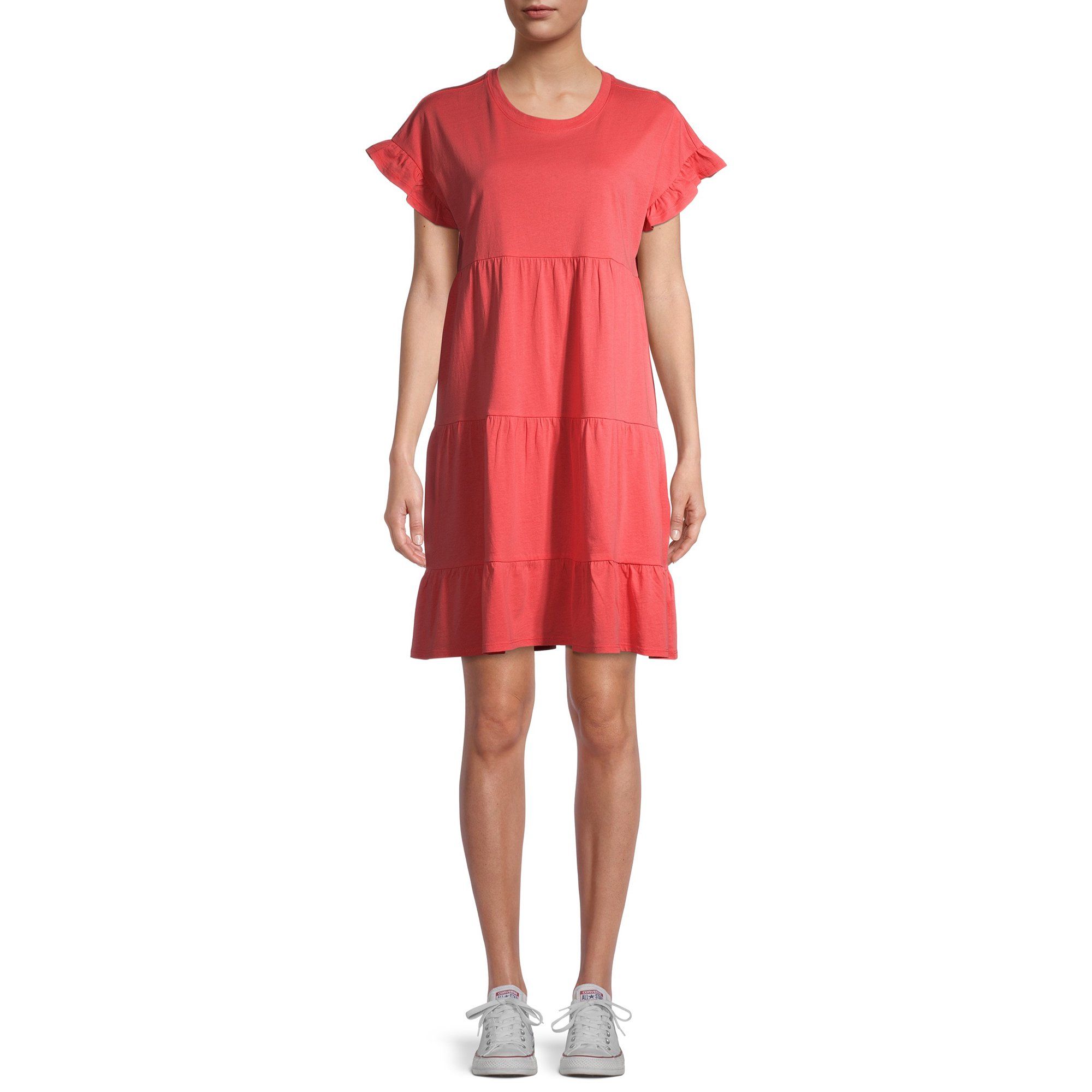 Time and Tru Women's Flutter Sleeve Tiered Dress | Walmart (US)