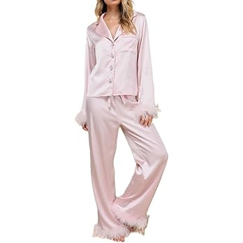 Women Satin Silk Pajama Set Feather Trim Long Sleeve Shirt Pants Pjs Matching Valentine's Day Out... | Amazon (US)