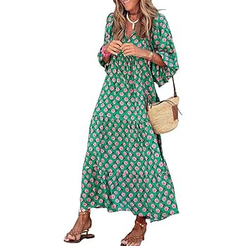miduo Womens Loose Fit Casual Summer V Neck Half Sleeve Bohemian Geometric Pattern Maxi Long Dres... | Amazon (US)