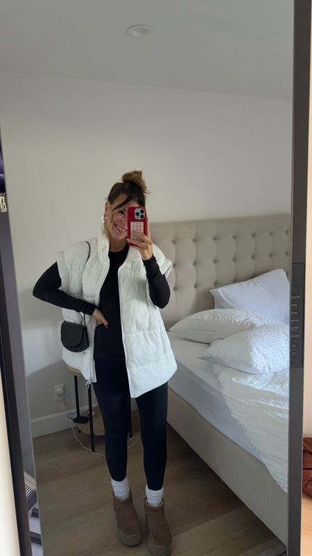 casual loungewear outfit walmart black leggings and lululemon black ribbed long sleeve. white free people oversized puffer vest 
top + vest: small 
leggings: sized down to an xs

#LTKshoecrush #LTKfitness #LTKstyletip