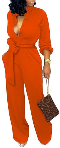 Casual Jumpsuits for Women Elegant Orange Button Down Long Sleeve Long Straight Pants Jumpsuit with Pockets Belt(Large) | Amazon (US)