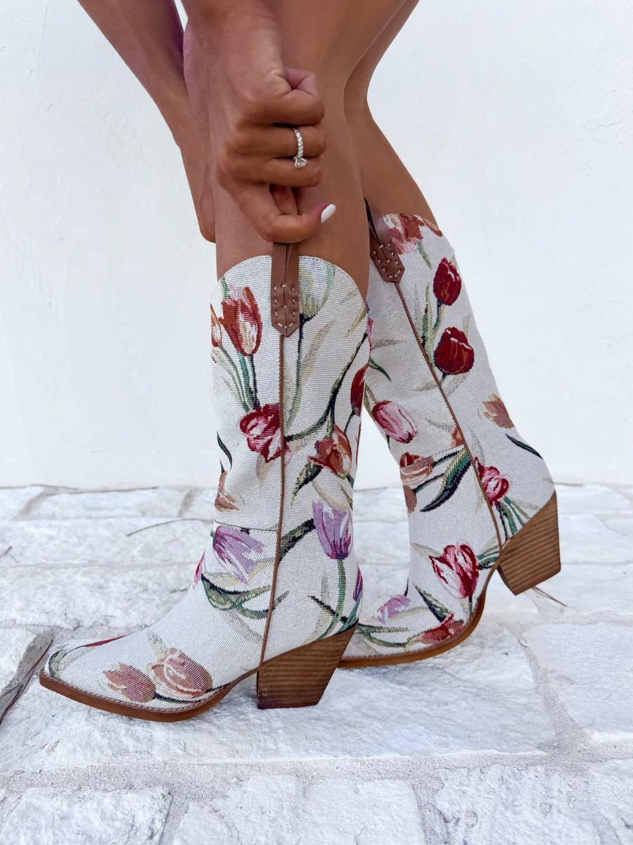 Tasha Beige Tulip Floral Cowboy Boots | CK Squared Boutique