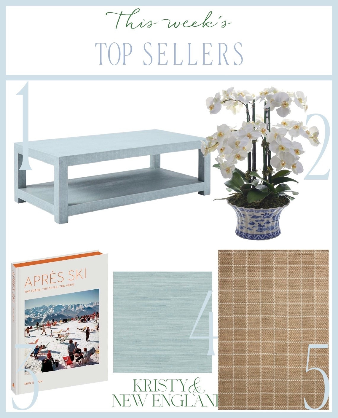 Top Sellers of the week coastal coffee table, faux orchid in blue & white pot, apres ski book, faux grasscloth wallpaper, windowpane jute rug

#LTKHome