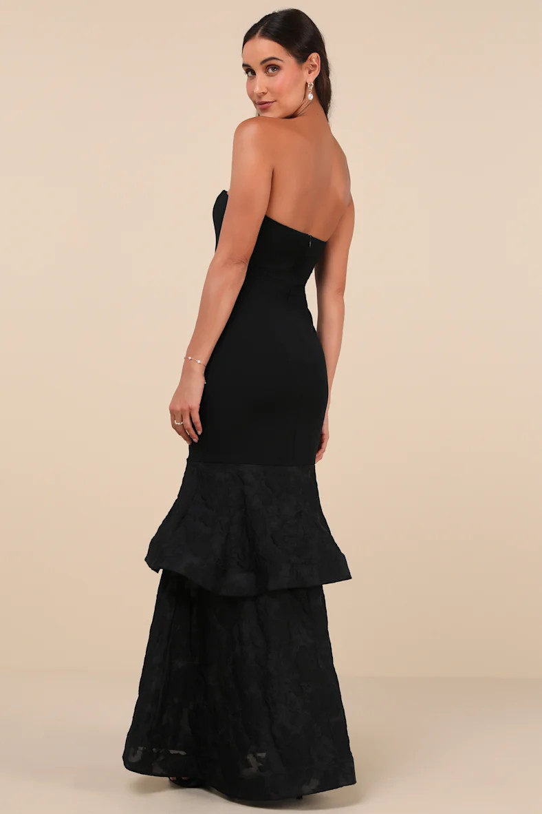 Immense Drama Black Strapless Tiered Jacquard Maxi Dress | Lulus