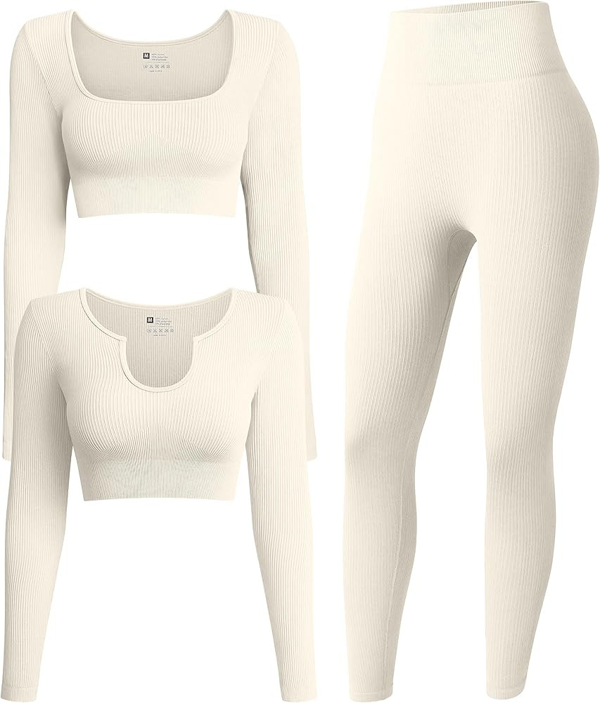 OQQ Women's 3 Piece Outfits Ribbed Exercise Long Sleeve Crop Tops Workout High Waist Leggings Yog... | Amazon (US)