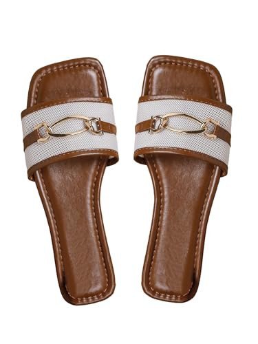 GORGLITTER Women's Flat Sandals Dressy Square Toe Slip On Slides with Metal Chain Summer Vacation Shoes 2025 Brown 8.5 | Amazon (US)