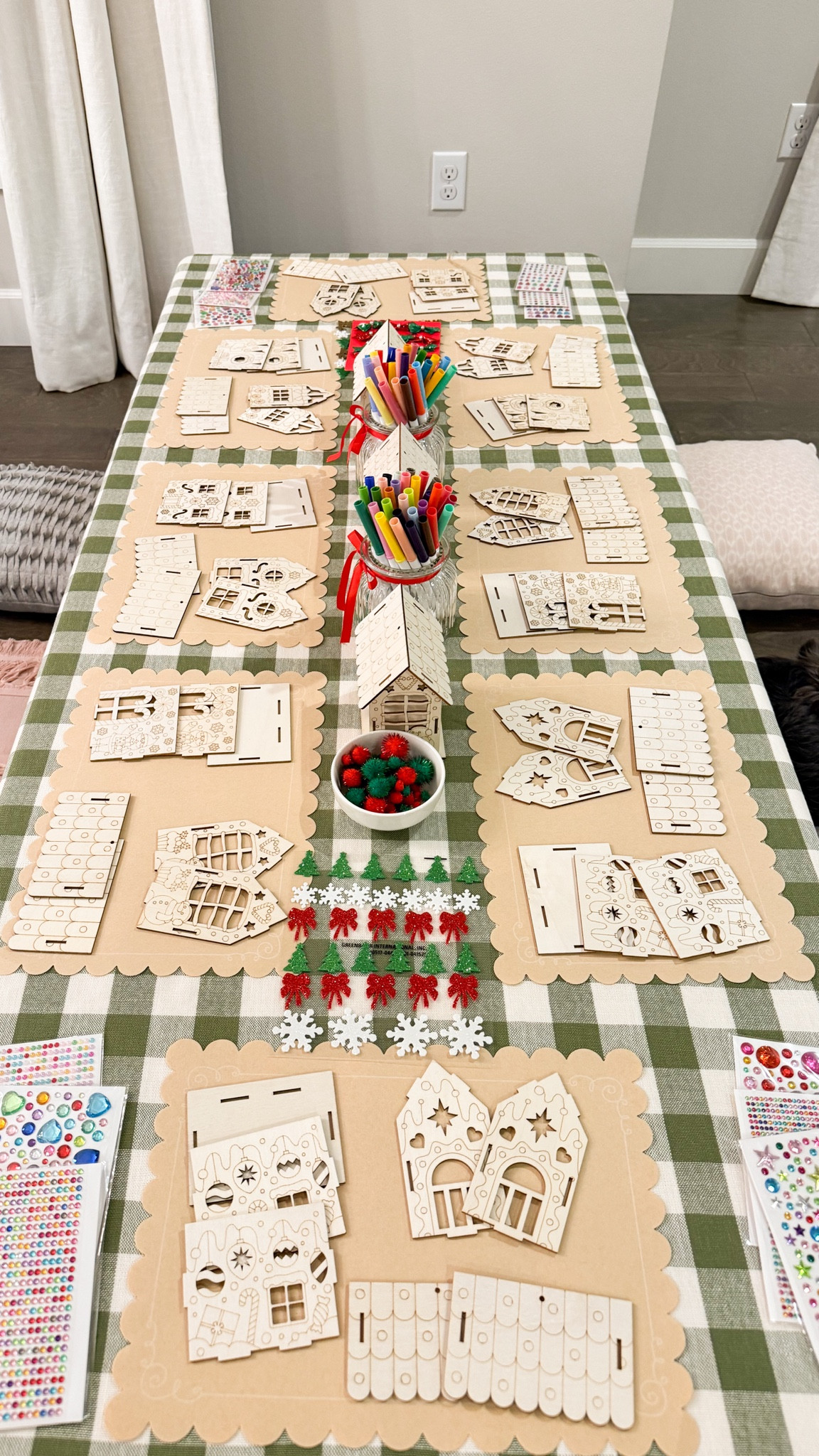 Wooden gingerbread house painting craft table for kids! Amazon Black Friday sale! I hope you guys didn't buy the wooden gingerbread houses yet cause they're 20% off now! The sticker gems are also only $5 for 3220 pieces (I've ordered this twice already).

Wooden gingerbread houses, pom pom, kraft paper, markers, gem stones and stickers, table, storage box, tablecloth 

#LTKKids #LTKHoliday #LTKHome