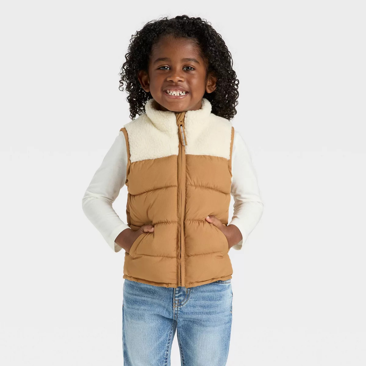 Toddler Boys' Dressy Faux Shearling Puffer Vest - Cat & Jack™ Brown | Target