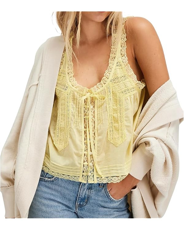 Women Sleeveless Ruffled Lace Trim Chiffon Crop Top Scoop Neck Flowy Button Down Front Tie Mesh C... | Amazon (US)