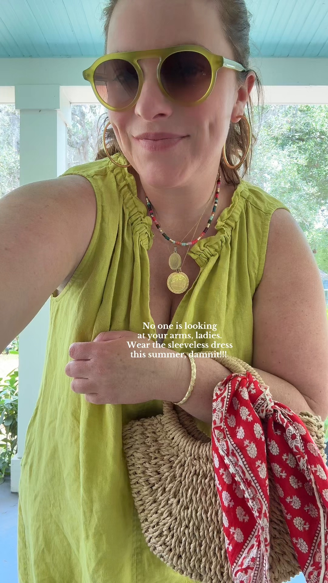 Chartreuse linen dress? Say less! Added these cutie gingham espadrilles because why not. Red and chartreuse felt right today!! Also love these Krewe sunglasses  