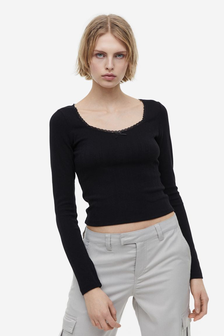 Lace-trimmed pointelle jersey top | H&M (UK, MY, IN, SG, PH, TW, HK)