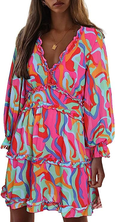 Happy Sailed Womens Spring Summer Long Sleeve Dress 2023 Deep V Neck Ruffle Layer Swing Mini Dres... | Amazon (US)