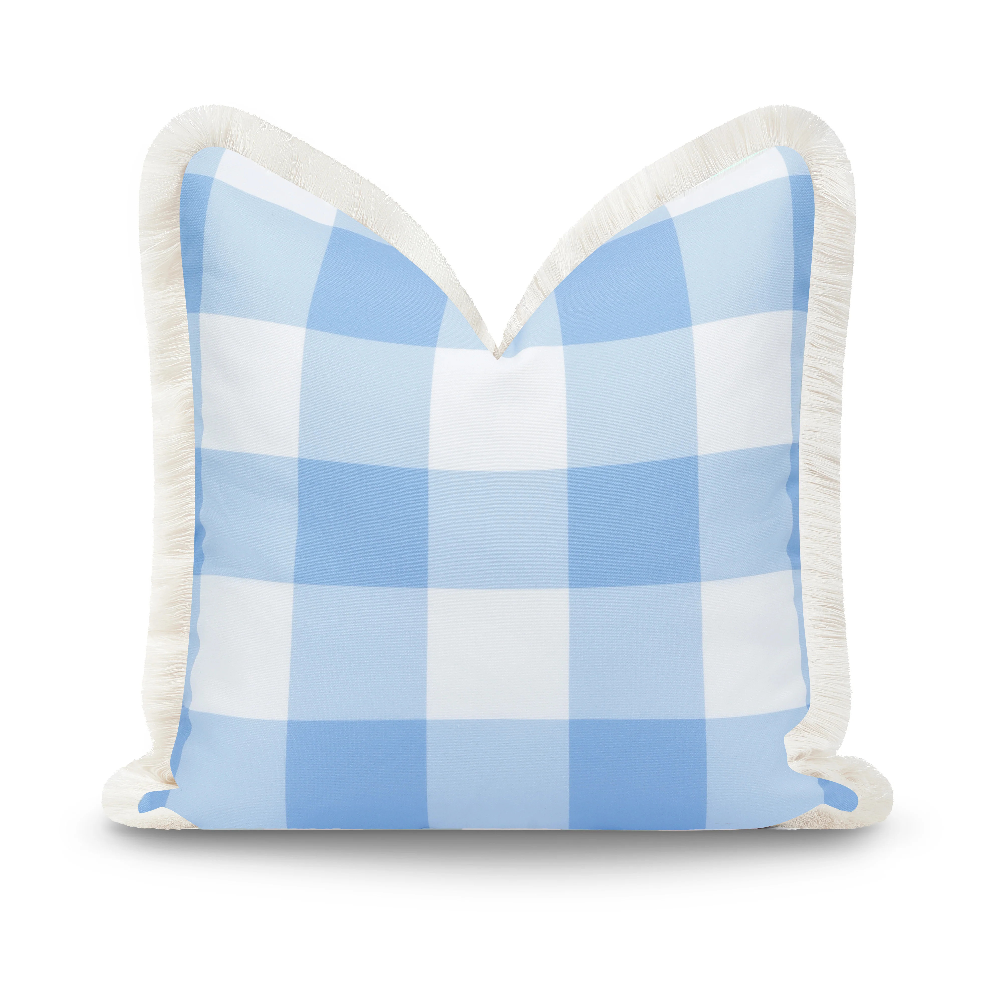 Coastal Indoor Outdoor Throw Pillow Cover, Plaid with Fringe, Baby Blue, 20 | Hofdeco