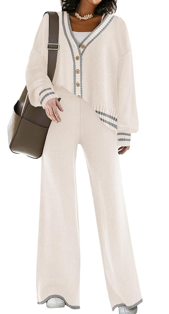 Womens Two Piece Outfits Sweater Sets Open Front Knit Cardigan and Wide Leg Pants Sweatsuit Loung... | Amazon (US)