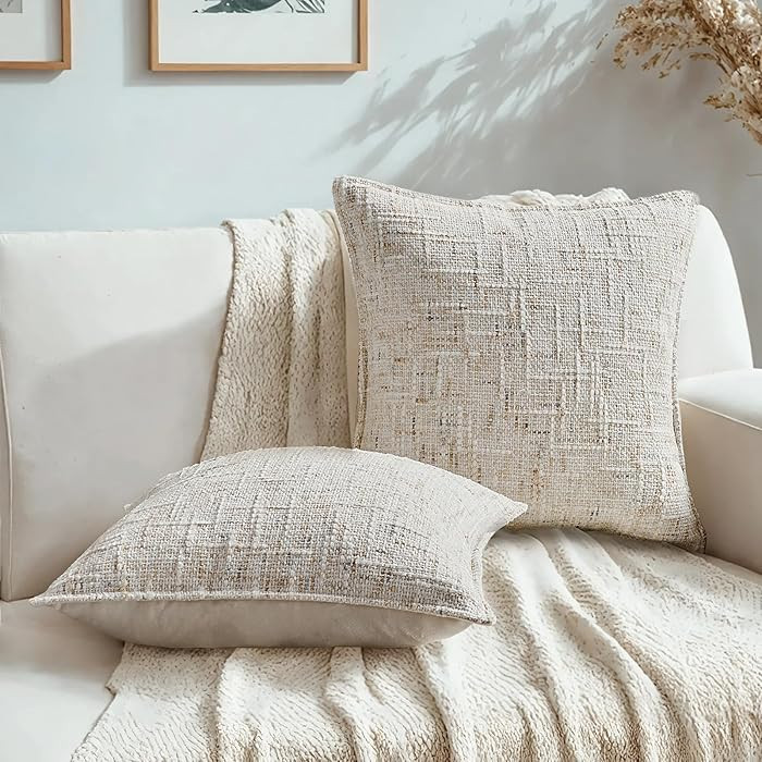 HAUSSY Cream White Throw Pillow Covers 18x18 Set of 2 Chenille Tweed Textured Decorative Couch Pi... | Amazon (US)