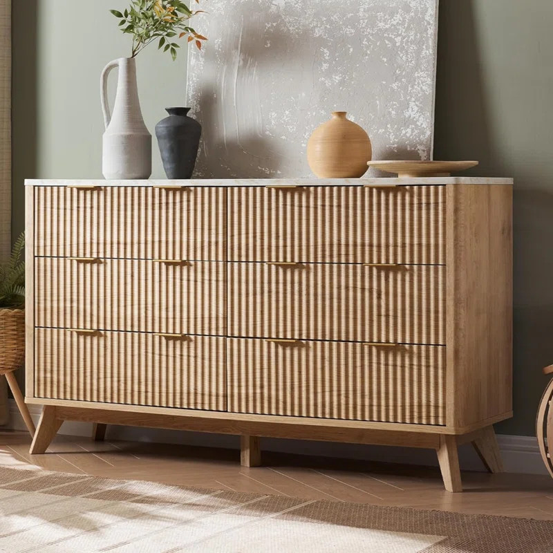 Sladen Fluted Design 6-Drawers Dresser Organizer, Wood Wide Chest of Drawers | Wayfair North America