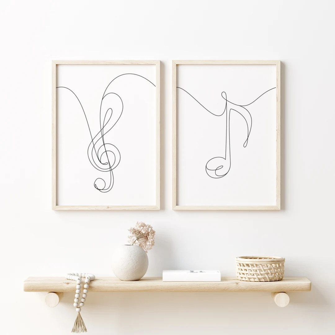 Musical Notes Set of 2. Treble Clef and Eighth Note Print. Minimalist Line Drawing, Music Wall Ar... | Etsy (US)
