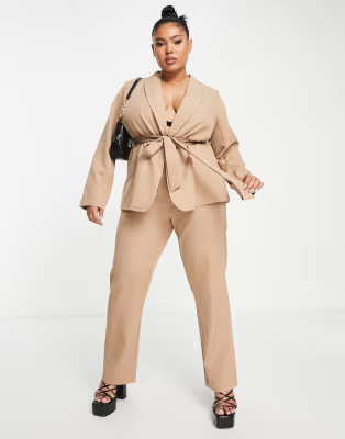 Vila Curve tailored blazer and suit pants set in camel | ASOS (Global)