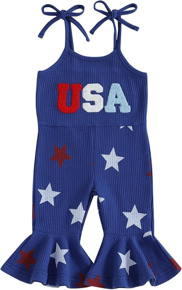 4th Fourth Of July Toddler Girl Outfit USA Romper Spaghetti Strap Bell Bottoms Jumpsuit Red White... | Amazon (US)