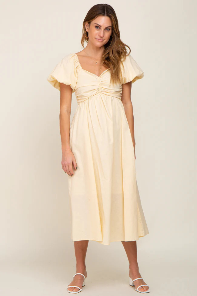 Pink Sweetheart Neck Puff Sleeve Linen Midi Dress | PinkBlush Maternity