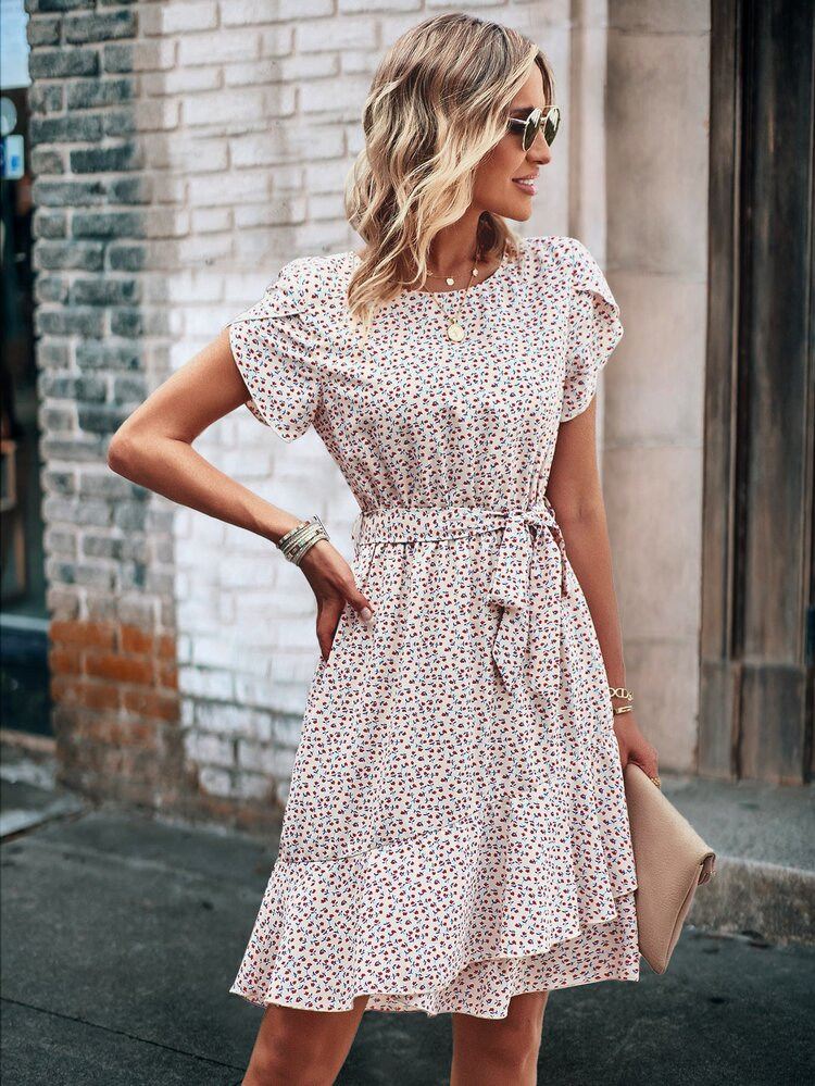 Ditsy Floral Print Petal Sleeve Ruffle Hem Belted Dress | SHEIN