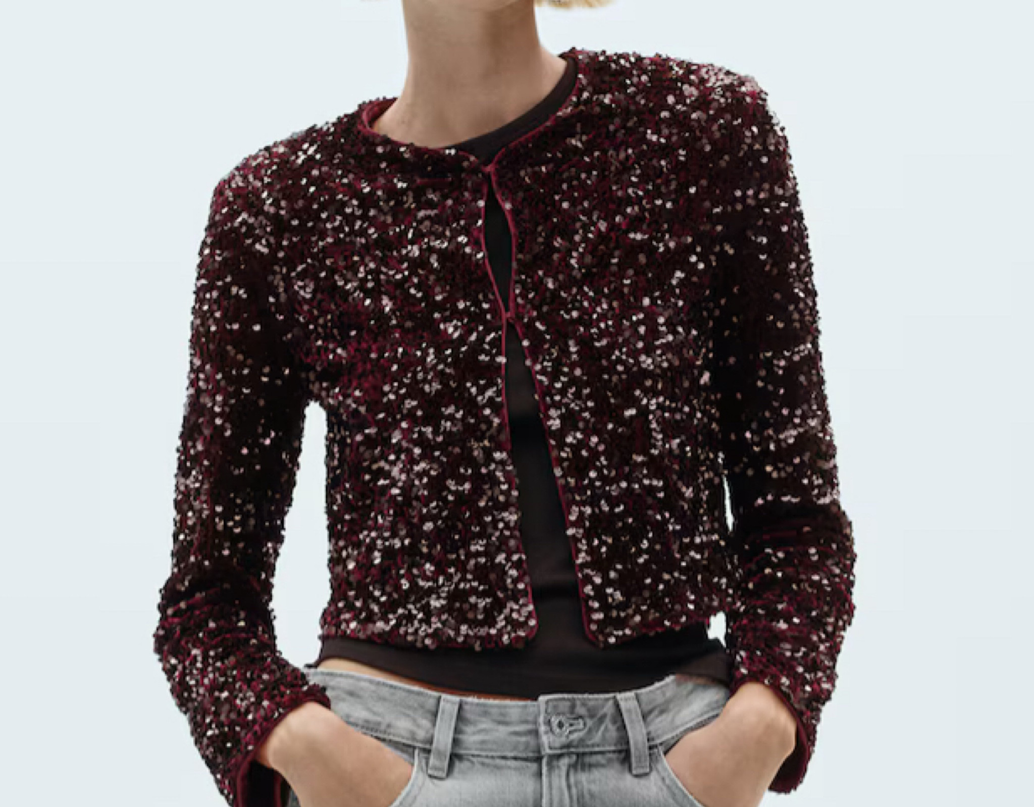 
Burgundy sequin fabric. Straight design. Rounded neck. Long sleeve. Hook fastening on the front section. Inner lining. Co-ord. Party and events collection.

#LTKSaleAlert #LTKHoliday #LTKGiftGuide