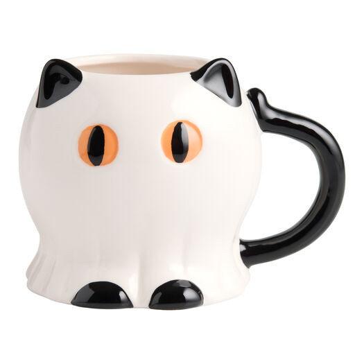 Black and White Ghost Cat Hand Painted Figural Ceramic Mug by World Market | World Market