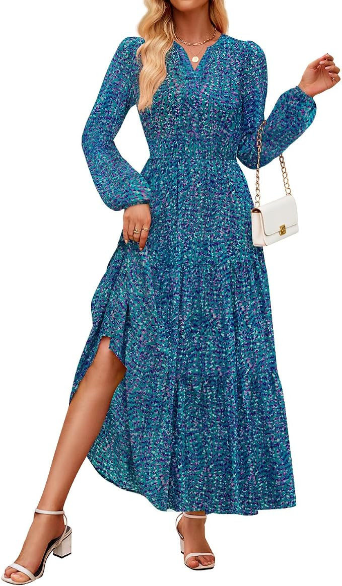 ZESICA Women's Fall Boho Floral Long Sleeve Wedding Guest Maxi Dresses | Amazon (US)